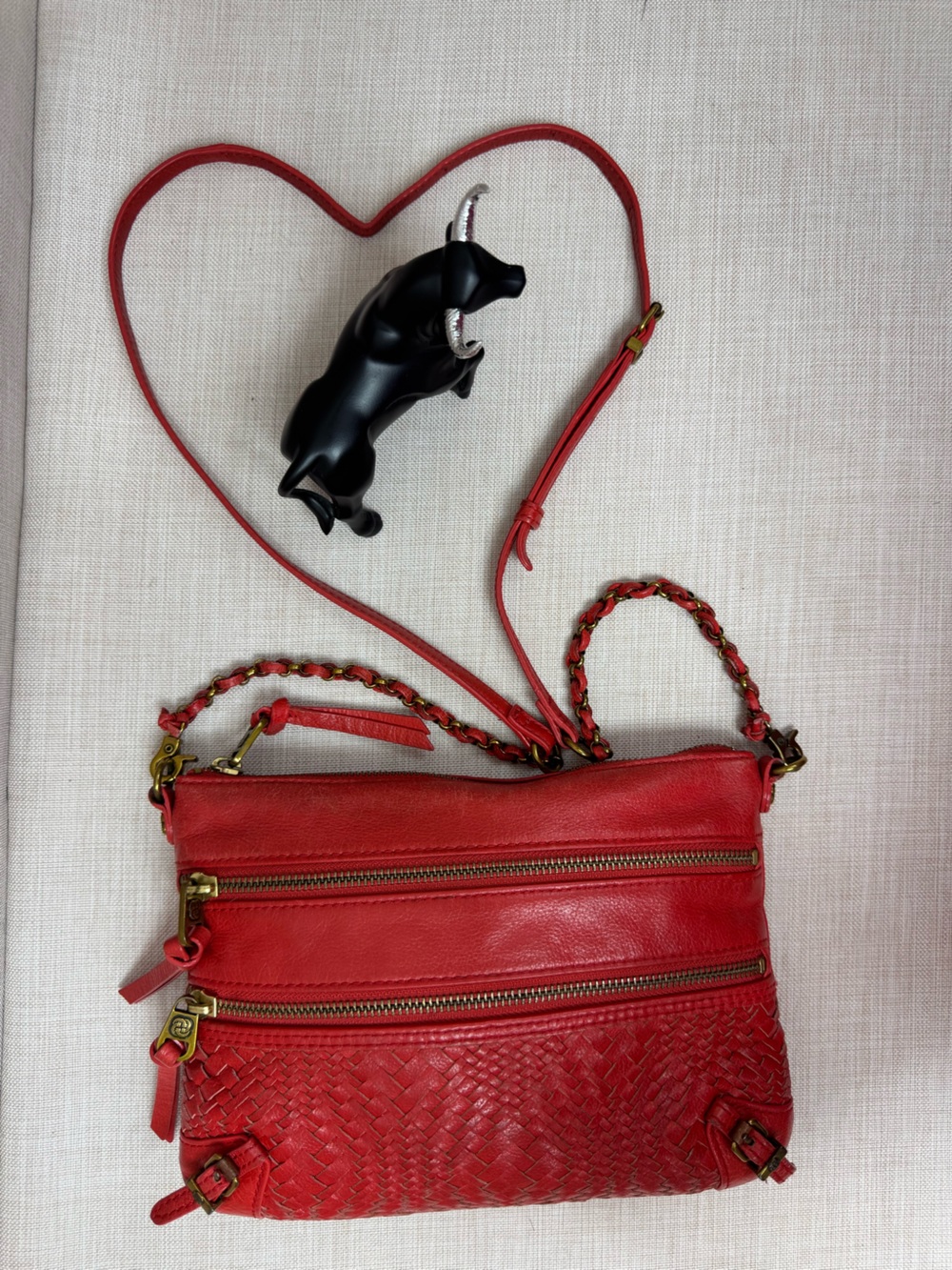 Red Woven Leather Crossbody Bag with Chain-Trim Strap